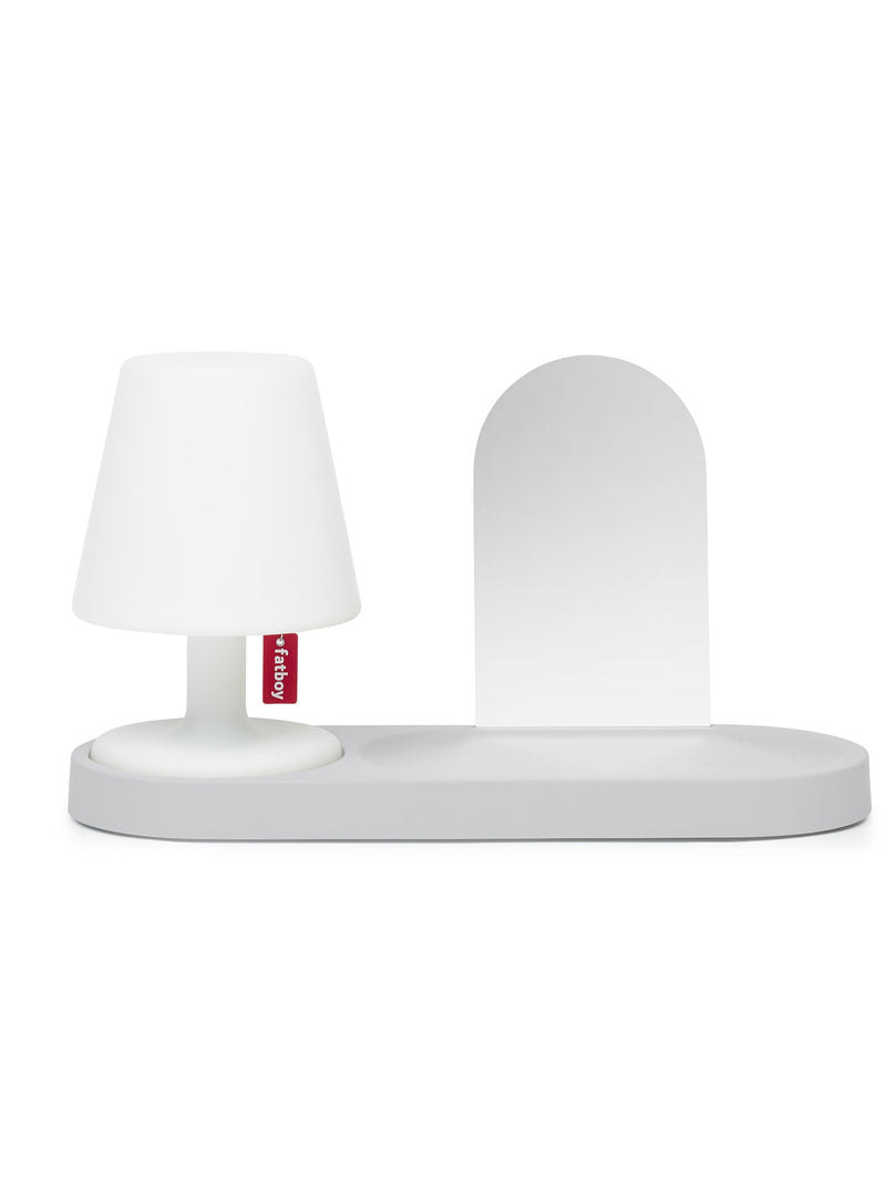 Ensemble Fatboy Edison The Petit + The Residence en gris clair : lampe LED sans fil avec plateau pratique pour ranger clés et accessoires au Canada.