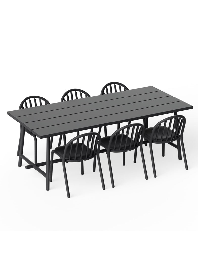Ensemble repas extérieur Fred’s 6 places anthracite — table et six chaises en aluminium moderne pour patio, jardin ou terrasse.