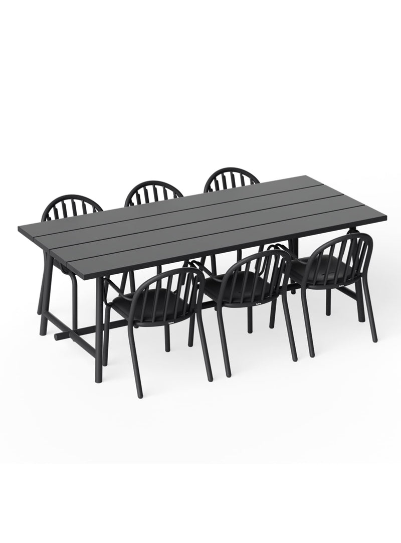 Ensemble repas extérieur Fred’s 6 places anthracite — table et six chaises avec accoudoirs en aluminium moderne pour patio, jardin ou terrasse.