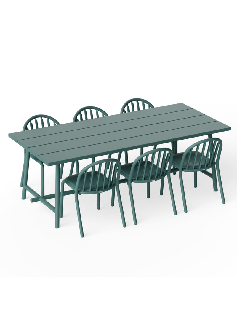 Ensemble repas extérieur Fred’s 6 places vert sage — table et six chaises en aluminium moderne pour patio, jardin ou terrasse.