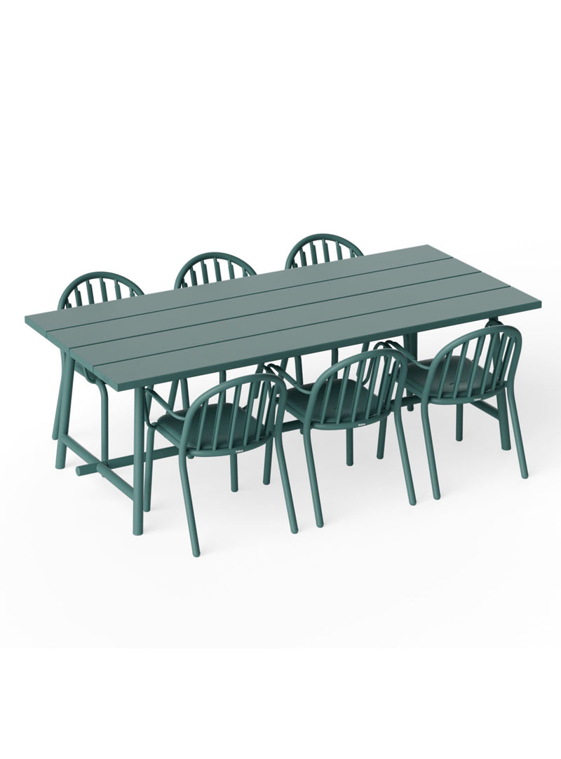 Ensemble repas extérieur Fred’s 6 places vert sage — table et six chaises avec accoudoirs en aluminium moderne pour patio, jardin ou terrasse.