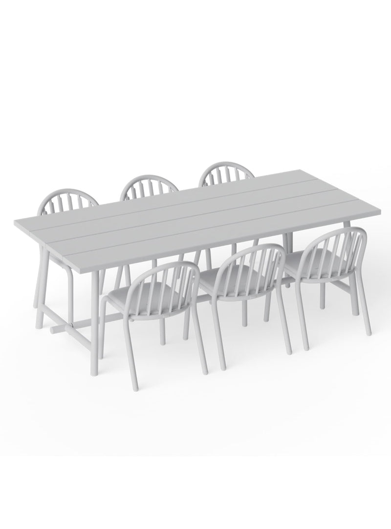 Ensemble repas extérieur Fred’s 6 places gris clair — table et six chaises en aluminium moderne pour patio, jardin ou terrasse.