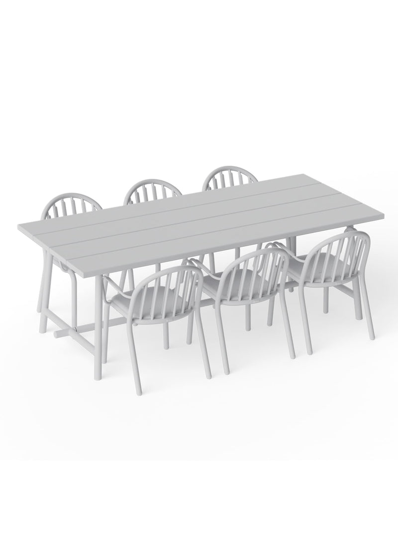 Ensemble repas extérieur Fred’s 6 places gris clair — table et six chaises avec accoudoirs en aluminium moderne pour patio, jardin ou terrasse.
