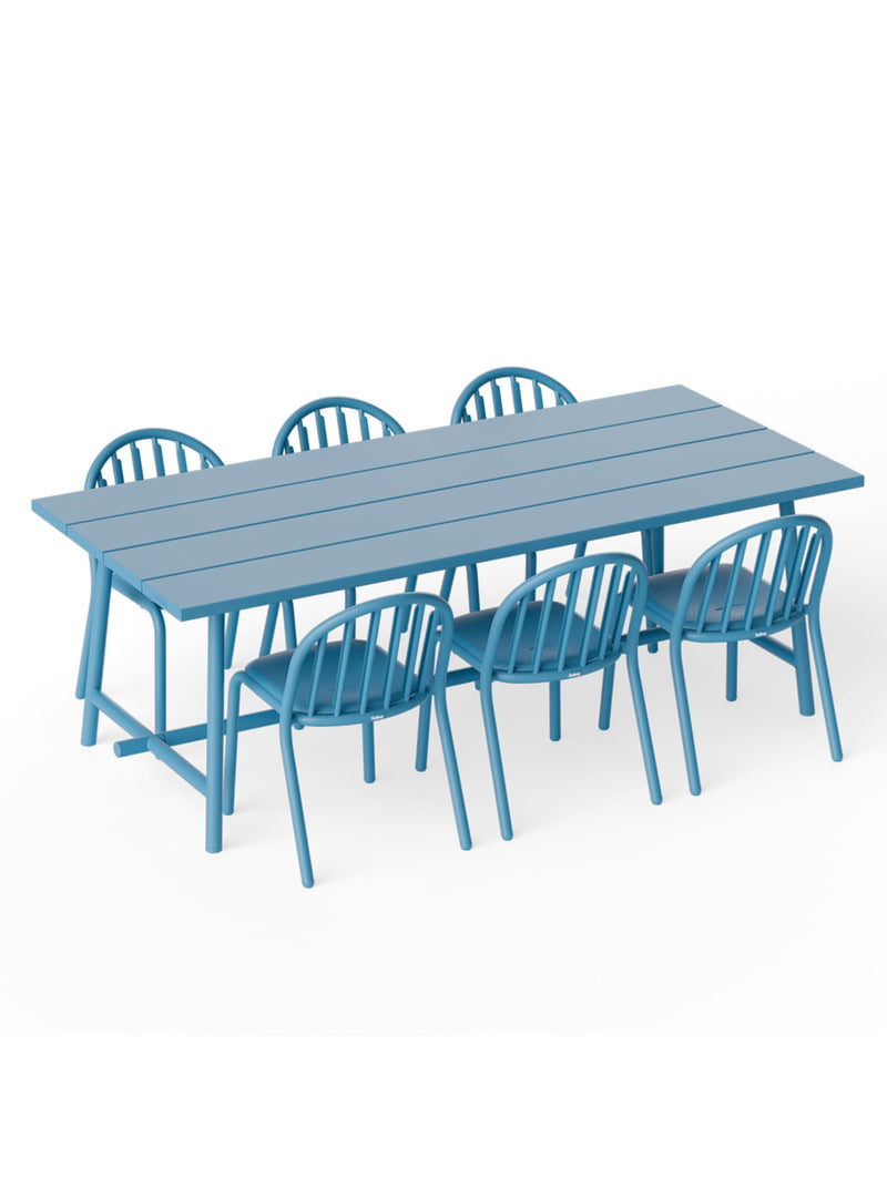 Ensemble repas extérieur Fred’s 6 places bleu wave — table et six chaises en aluminium moderne pour patio, jardin ou terrasse.