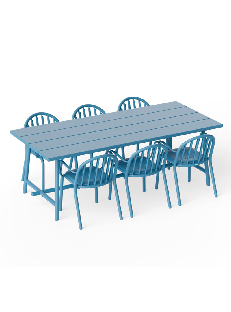 Ensemble repas extérieur Fred’s 6 places bleu wave — table et six chaises avec accoudoirs en aluminium moderne pour patio, jardin ou terrasse.