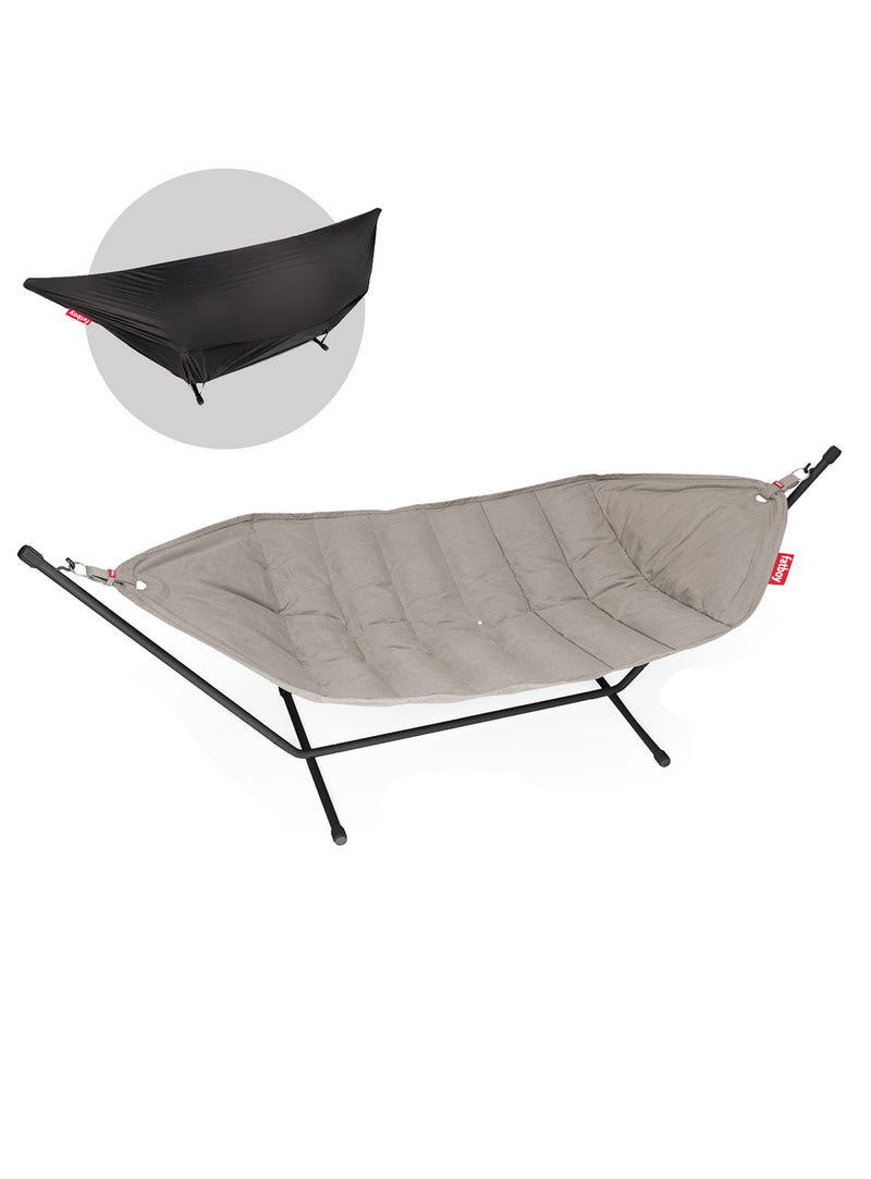 Fatboy Headdemock Superb en gris taupe avec housse protectrice, hamac autoportant en tissu Olefin durable, idéal pour les espaces extérieurs canadiens.