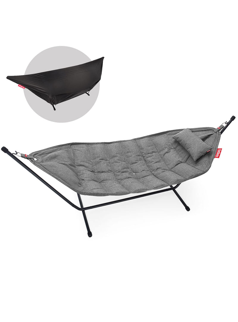 Fatboy Headdemock Superb en gris pierre avec housse protectrice, hamac autoportant en tissu Olefin durable, idéal pour les espaces extérieurs canadiens.
