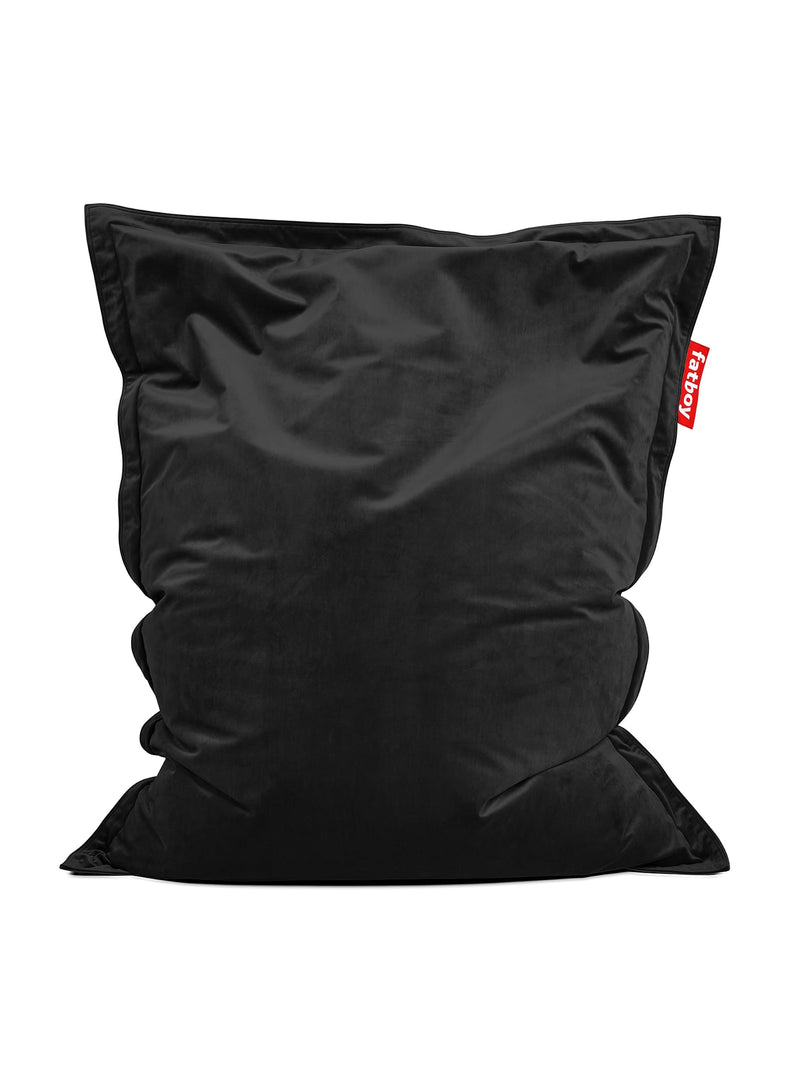 Pouf Slim Velvet noir de Fatboy : luxueux velours recyclé, doux et durable, parfait pour un style chic et écoresponsable au Canada.