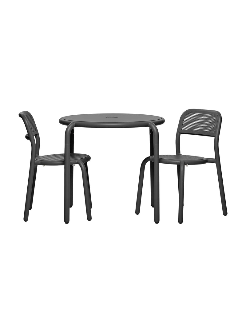 Ensemble Fatboy Toní Bistreau et 2 chaises en anthracite : table bistrot et chaises en aluminium robuste et élégant, idéale pour patio ou balcon, résistante aux intempéries.