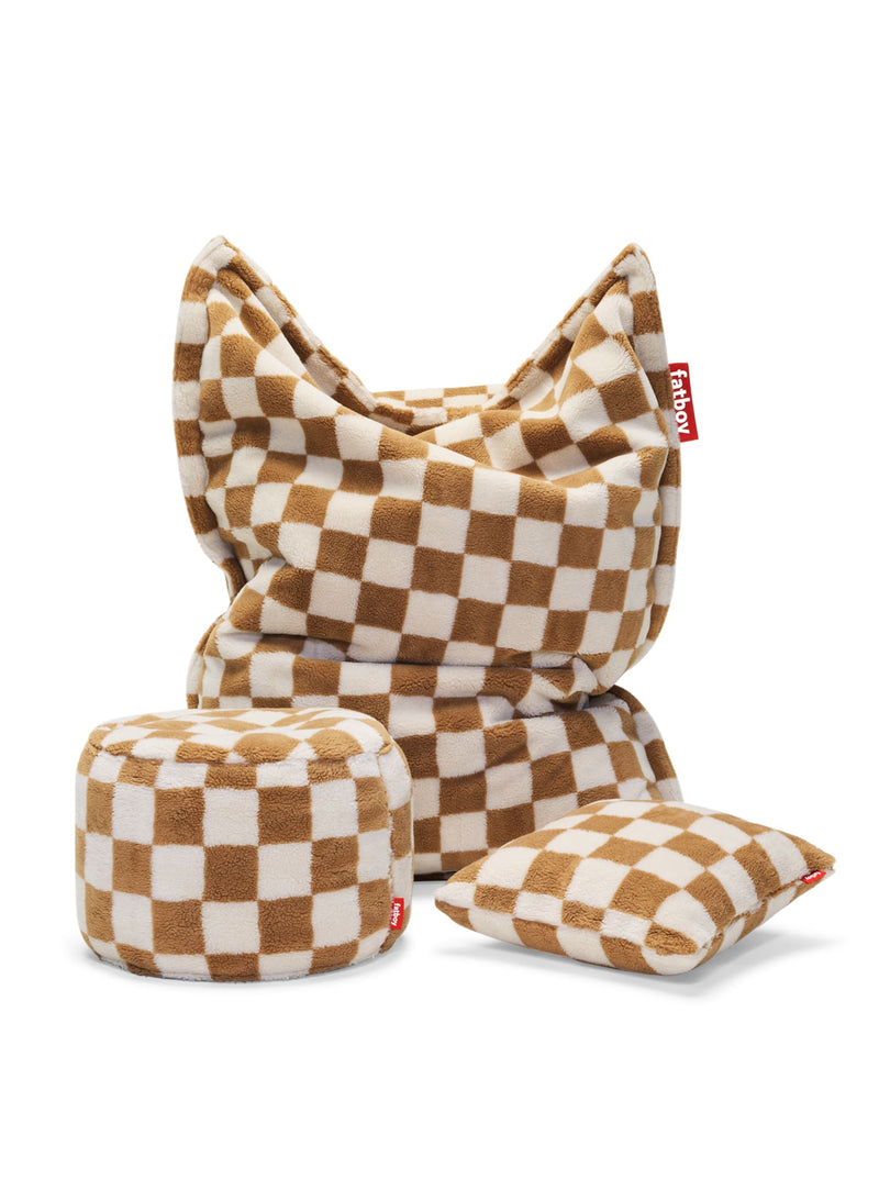Collection Fatboy Teddy Chess : pouf Slim, pouf Point et coussin Square en tissu teddy à carreaux pour se détendre confortablement à l&