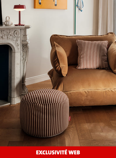Pouf Fatboy Point Terry en tissu éponge rayé Cognac Cream polyvalent siège repose-pieds ou table d’appoint.