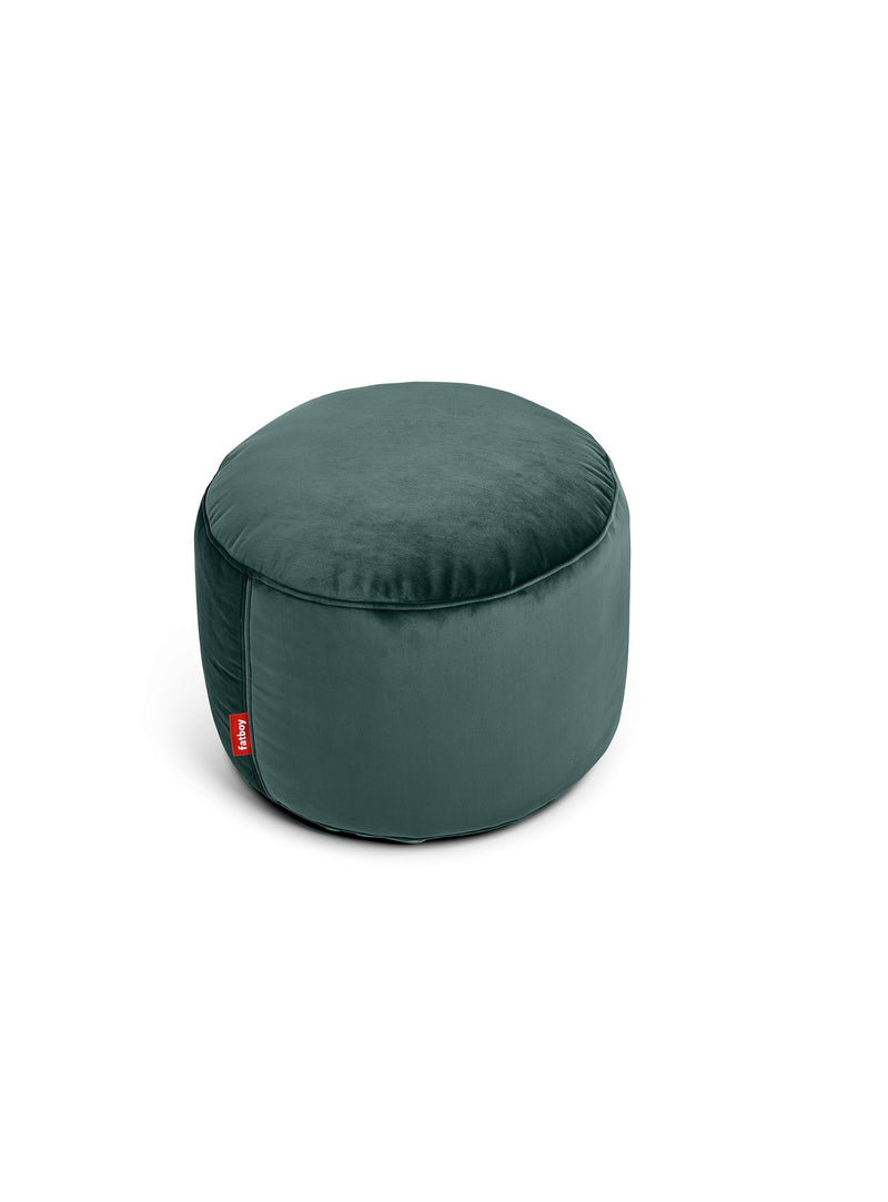 Ottoman Point Velvet pétrole Fatboy : pouf rond en velours recyclé doux et brillant, parfait pour ajouter confort et style intérieur au Canada.